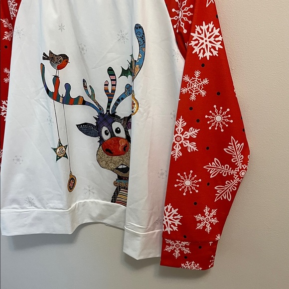 Exclusive Reindeer Holiday Novelty Print Shirt Top XXL Red White Raglan Pullover - Picture 5 of 16